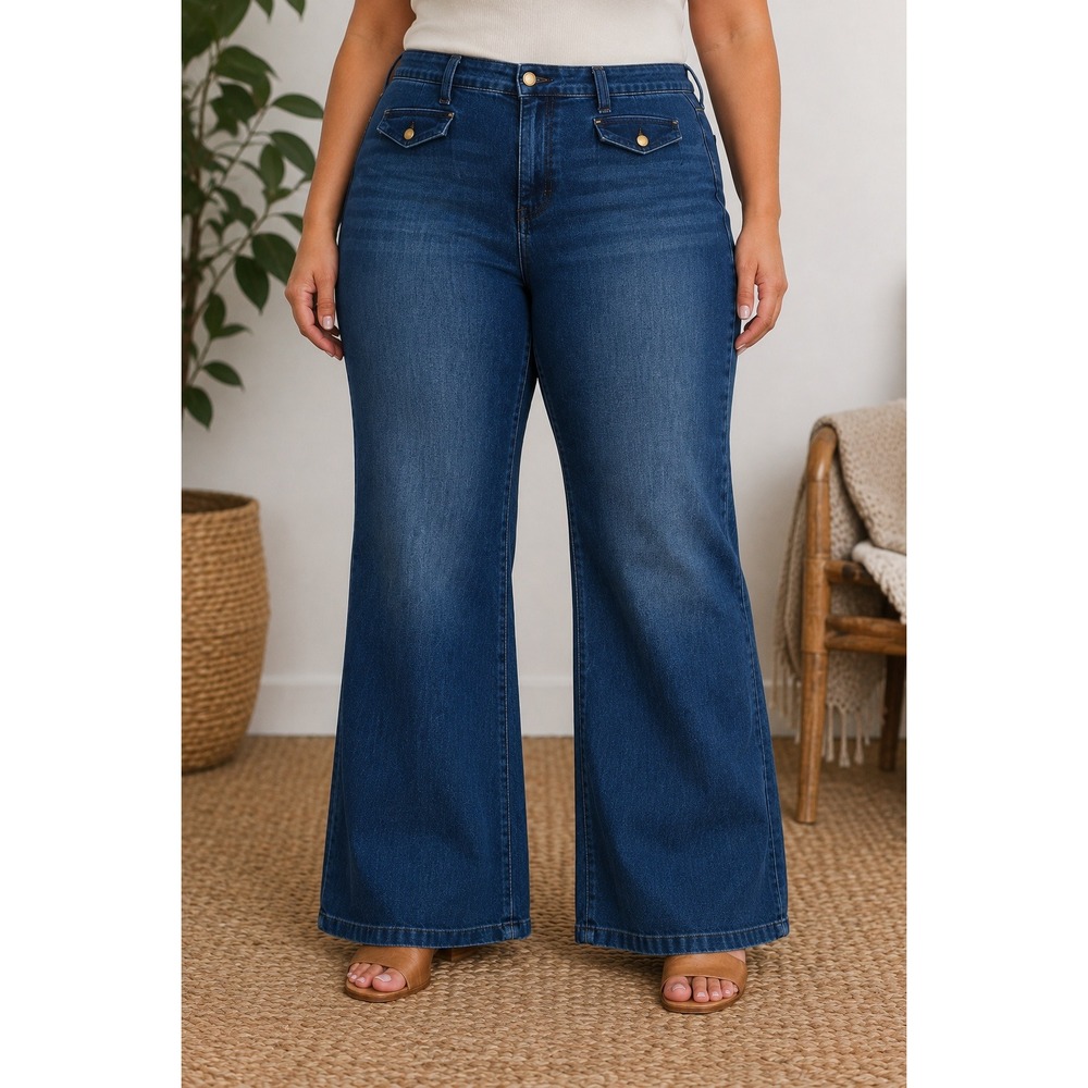 Talbots Wide Leg Jeans Womens 18W Blue Nile Wash Stretch Denim Trouser Pockets